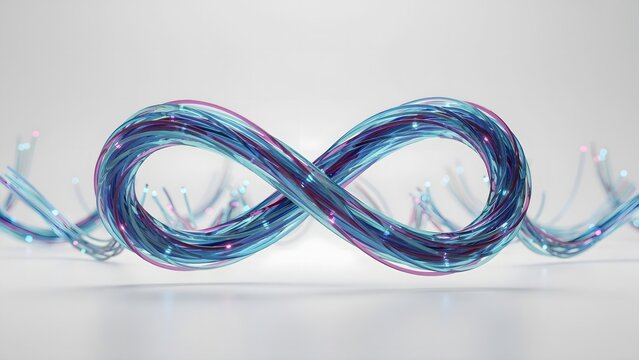 Luminous optical fiber infinity knot floating in studio void &ndash; Great for unlimited data, high speed connection, or fiber cables.