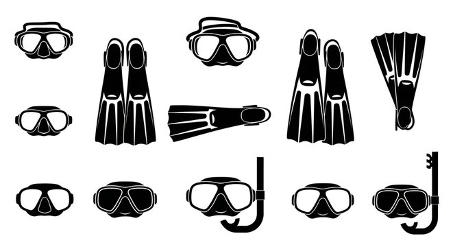 Black Silhouettes of Swimming Gear and Diving Equipment on White Background