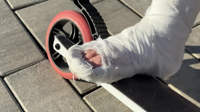 Close up of a white plaster cast on a child's foot resting against a red scooter wheel, broken leg injury, summer recovery, childhood medical accident.