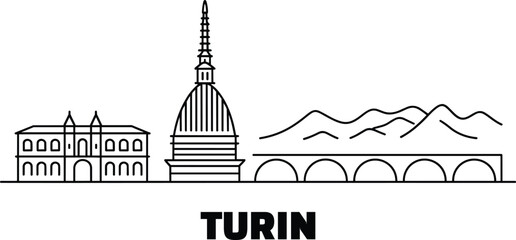 Turin skyline outline featuring the iconic mole antonelliana dome and historic arched bridge against the distant mountain range and minimalist linear © pyenga