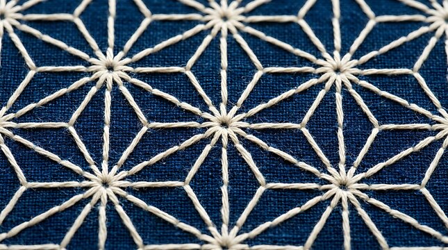 Traditional japanese sashiko embroidery on indigo linen fabric