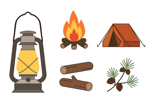 Camping adventure elements with lantern, campfire, tent, wood logs, and pine cones branch, vector illustration isolated on transparent background.