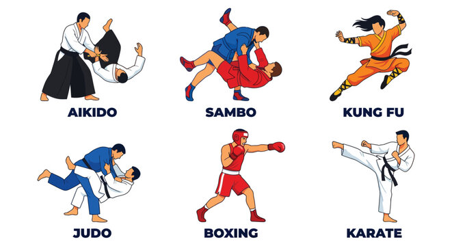Martial arts illustrations with dynamic poses on a white background