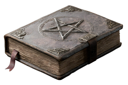 Ancient spell book with pentagram symbol and leather strap isolated on transparent background