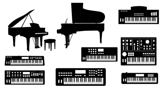 Grand Piano and Digital Keyboard Silhouette Vector Collection
