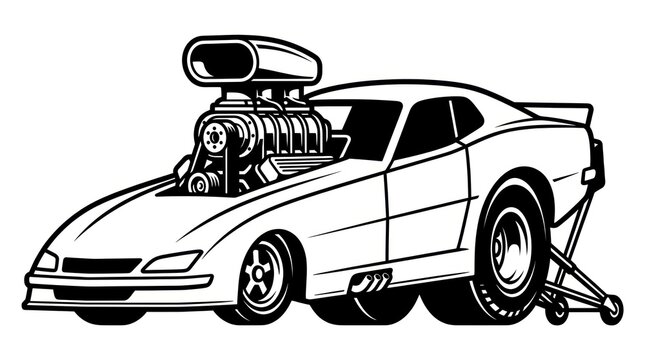 Black and white dragster car.