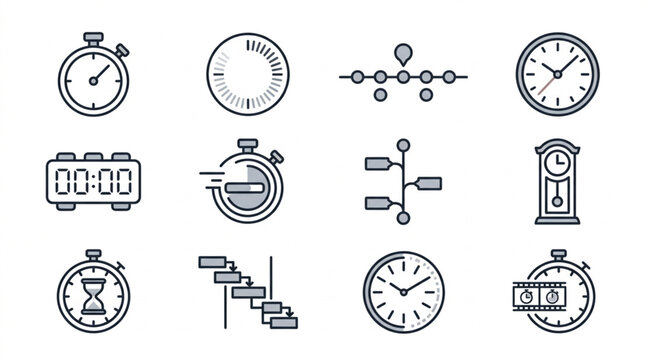 Collection of various clock and time icons in black and white.