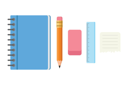 School supplies stationery set with blue spiral notebook pencil eraser ruler and paper note isolated on transparent background.
