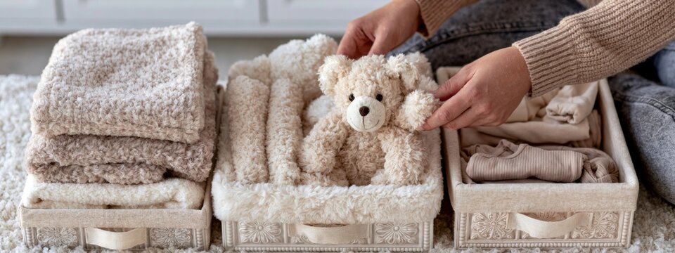 Soft Plush Baby Blankets and Toys Being Organized in Elegant Storage Baskets