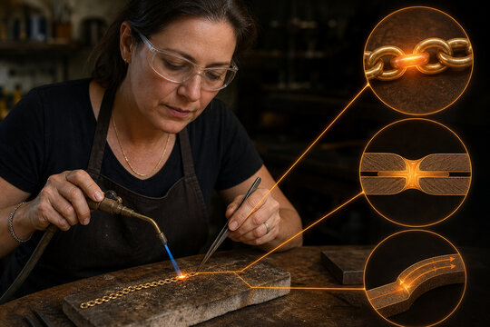 Goldsmith soldering fine gold chain link