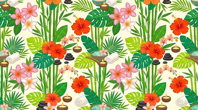 Seamless tropical spa pattern with bamboo hibiscus and frangipani