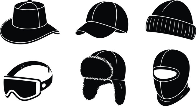Winter Headwear Black Silhouette Vector Collection Featuring Cowboy Hat Baseball Cap Beanie Goggles Trapper Hat Balaclava Outdoor Accessories Illustration