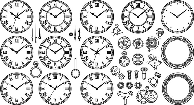 Vintage clock mechanisms collection with roman numeral clock faces hands gears cogs springs pendulum and frames stencil vector graphic illustration