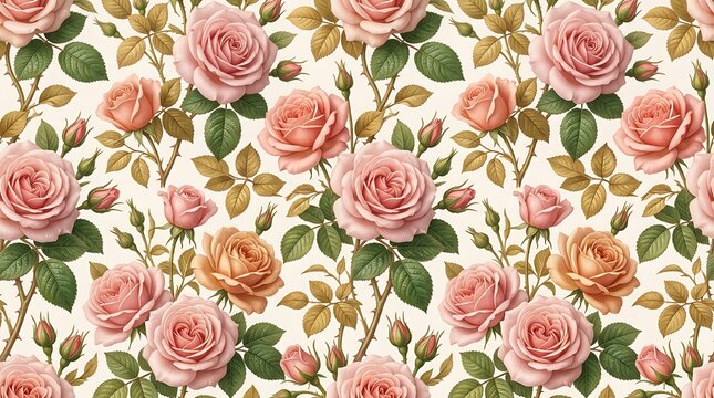 Vintage style pink rose and bud floral background pattern