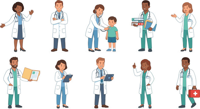 Multicultural flat cartoon medical team set with male and female doctors checking a child patient holding clipboards folders tablet and medicine kit vector illustration