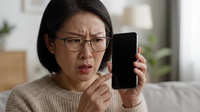 Worried middle age Asian woman with mobile phone confusion and problem indoor living room frustrated senior female user with technology issue