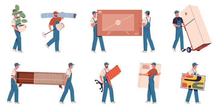 Mover service set. Loaders carry various furniture and boxes by hand and using a trolley. TV table, carpet, armchair, potted plant. Modern flat cartoon illustration isolated on white background