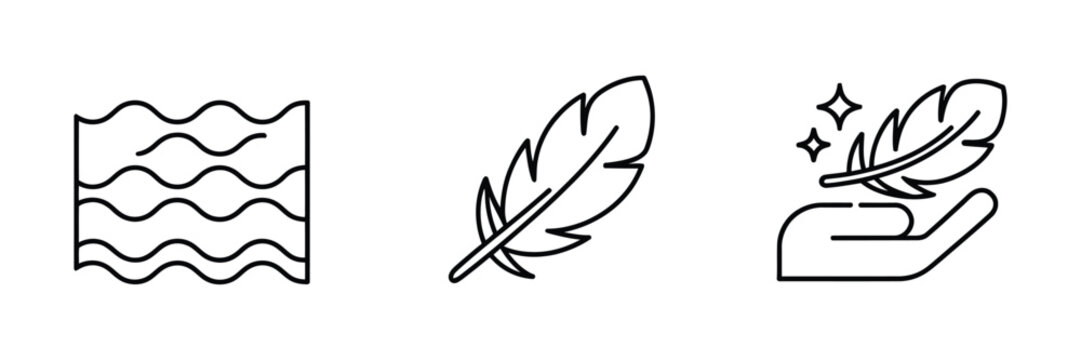 Lightweight icon set, feather and hand palm symbols, soft touch surface concept, light weight graphics