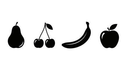 Black silhouettes of various fruits on white background with silhouettes pear cherries cherries banana apple illustration graphic healthy with symbols © Nimay