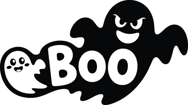 Black silhouette Halloween ghost sticker vector design featuring cute boo typography lettering and spooky cartoon characters