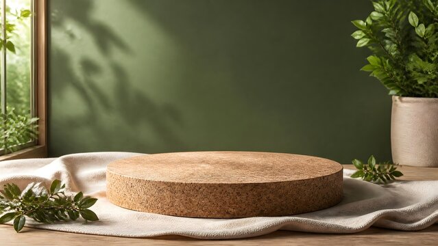 Premium cork pedestal display stand on a soft fabric cloth with a deep olive green wall background and natural sunlight shadows, perfect for organic skincare, cosmetic product photography,