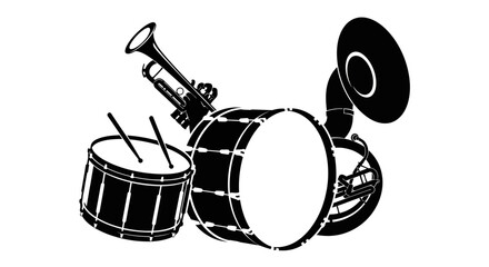 Black silhouette vector illustration of marching band musical instruments including trumpet snare drum bass drum and cymbals with cymbals white background © Nimay