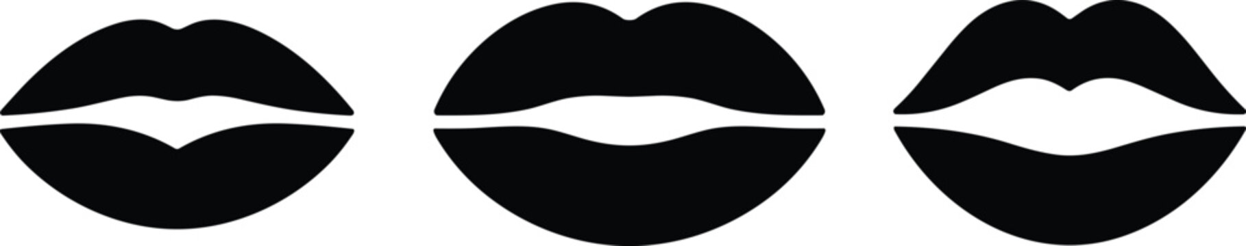 Set of simple black lips silhouette vector icons isolated on a white background for beauty fashion and makeup designs