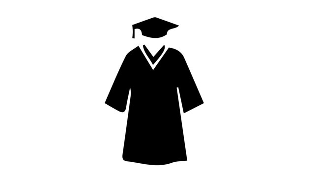 Graduation gown and mortarboard cap icon. Academic regalia silhouette for university commencement. Black student graduation attire vector illustration.