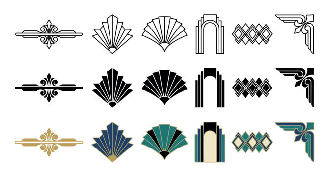 Art Deco decorative elements collection featuring various geometric and elegant designs, including fan shapes, arches, diamonds, and ornate flourishes in outline, solid, and colored styles.