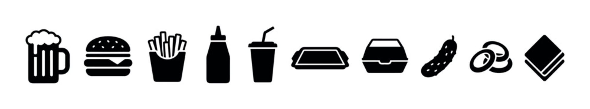 Fast food restaurant menu items collection of simple black icons showcasing popular snack and meal options for quick service establishments and digital design.