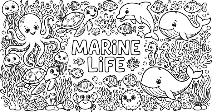 Ilustra&ccedil;&atilde;o de desenho animado de aqu&aacute;rio com vida marinha, contorno &agrave; m&atilde;o livre, arte linear, p&aacute;gina para colorir para crian&ccedil;as