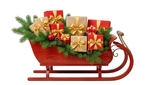Red christmas sleigh filled with wrapped gift boxes isolated on transparent background