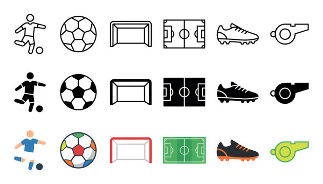 Soccer sport game player ball goal field icons presented in outline, solid, and colorful flat design styles for various graphic needs.