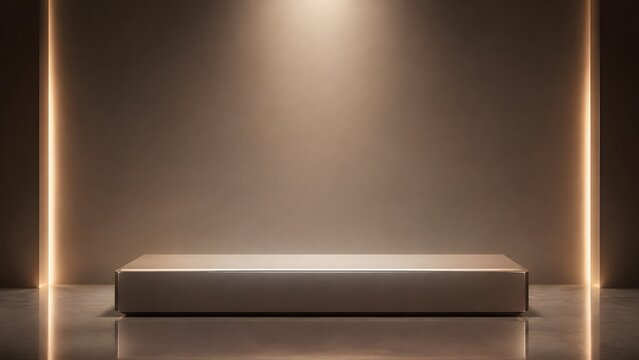 Premium minimalist product display stage in a sophisticated warm beige studio setting, featuring elegant vertical accent lighting and a smooth reflective surface, perfect for high-end luxury