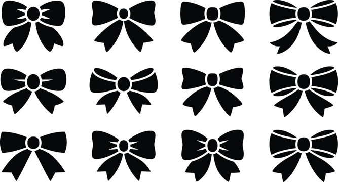 Collection of simple black ribbon bow silhouette vector icons isolated on white background for gift wrap decorations
