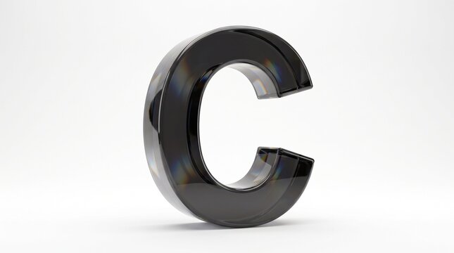 Glossy black glass letter c rendered in three dimensional style with realistic reflections isolated on a clean white studio background