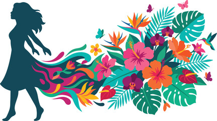 Naklejka premium Woman Silhouette with Tropical Floral Dress Burst Vector Illustration