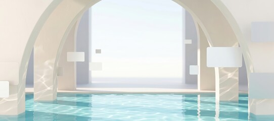Fototapeta premium Cream archway with pool and geometric shapes in modern hospitality setting