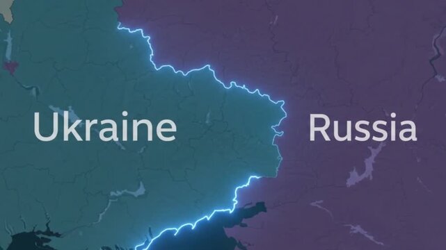 Ukraine and russia border highlighted on a digital continental map