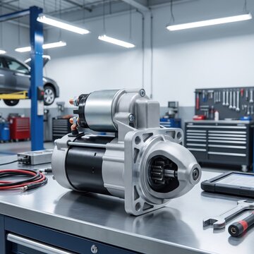 Starter motor displayed in an automotive repair workshop, vehicle engine component, professional maintenance, replacement part.