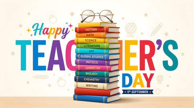 Happy Teacher's Day celebration with colorful stacked books. Vibrant education appreciation gift and classroom recognition concept.