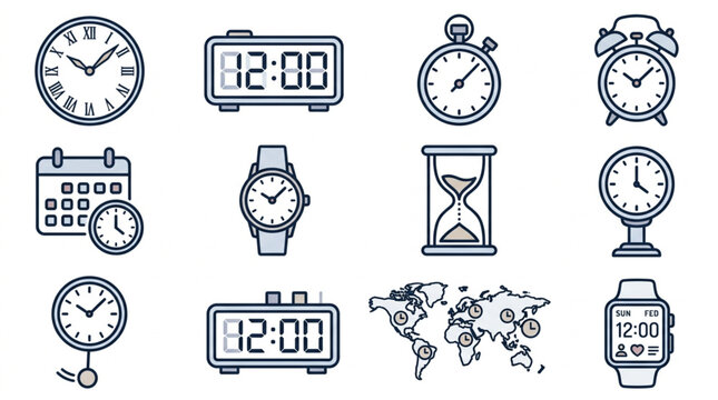 Collection of various timekeeping devices and icons.