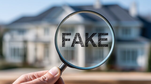 Magnifying Glass Reveals 'Fake' Text Over Blurry Residential House, Highlighting Deception in Real Estate, Finance, or Media Information