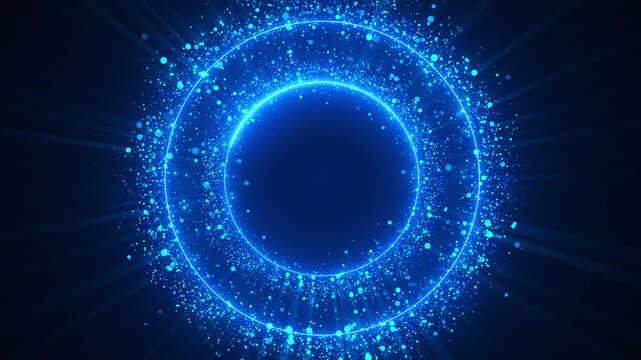 Cyan particle ring burst glowing blue circular frame, bright dots, radiant rays, clean center copy space. technology intros, logo reveals, AI music visuals, cyber screens, modern motion overlays.