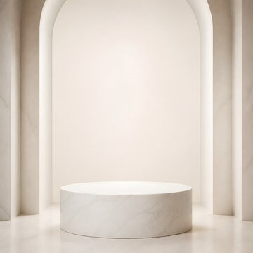 Minimalist marble podium display for luxury product presentation featuring an elegant arched niche backdrop in soft beige tones with smooth studio lighting perfect for high-end cosmetic branding