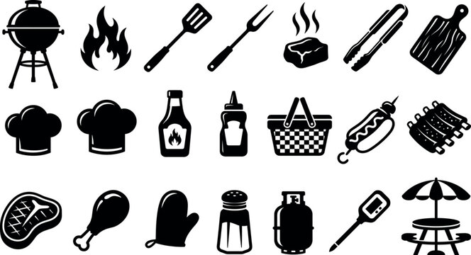 Barbecue Grill Icons Set with Utensils, Flames, Burgers, Sauces and Kitchen Tools for Cooking Concept Design