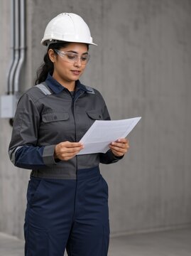 Female industrial worker reading a document at a construction site. Focused woman engineer in a hard hat and uniform inspecting plans. Quality control and planning concept
