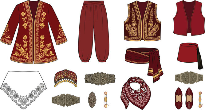Traditional Ottoman Turkish Clothing Icon Set with Detailed Kaftan Vest Harem Pants Fez and Ethnic Cultural Outfits Vector Illustration
