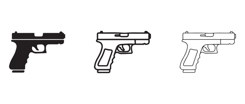 handgun silhouettes shown in black white and outline styles isolated on transparent background