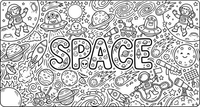 Elementos espaciais em estilo cartoon, desenhados &agrave; m&atilde;o, ilustra&ccedil;&atilde;o em linha, p&aacute;gina para colorir para crian&ccedil;as